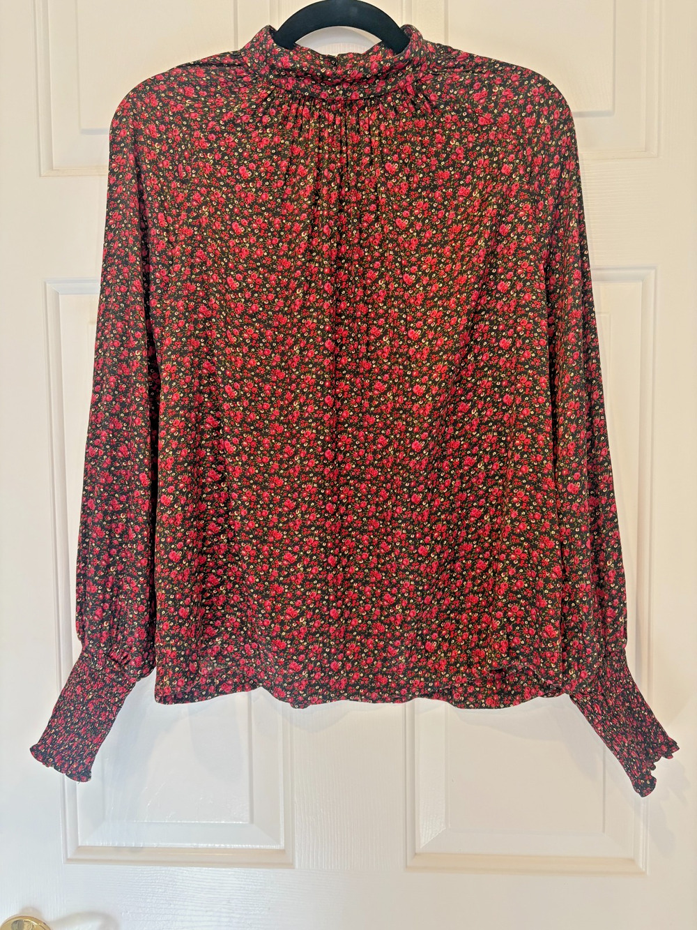 Gap Floral Mock Neck Blouse Red Black Ditsy Print Long Sleeve Small 4-8 BOHO